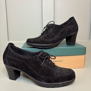NWT Clarks Bendables Womens Oxford Heels Sz 9M Black Suede Leather Lace Up